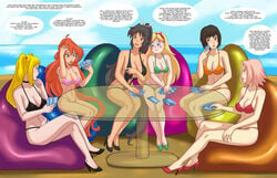 6girls arabatos beach bikini black_hair blonde_hair bloom_(winx_club) blue_eyes blush_stickers breasts chair cleavage clothed comic_page crossover death_note defeated dialogue disney disney_channel disney_xd embarrassed english_text female female_only final_fantasy final_fantasy_vii frown gasp hand_on_head headband heels high_heels homura_(senran_kagura) horns long_hair looking_at_another misa_amane multiple_girls naruto naruto_shippuden navel peril pink_hair playing_card pointing poker red_hair sakura_haruno scared senran_kagura shocked shocked_expression sitting star_butterfly star_vs_the_forces_of_evil swimsuit table text twintails upset winx_club yuffie_kisaragi