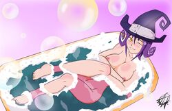 1girls bathtub blair_(soul_eater) breasts female hat looking_at_viewer medium_hair naked nipples nude one_eye_closed purple_hair sirhallorann solo soul_eater water white_skin wink winking winking_at_viewer yellow_eyes