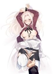 1boy black_legwear boots bound bound_wrists breasts cuffs cum cum_on_clothes cum_on_thighs emiya_kiritsugu fate/zero fate_(series) female handcuffs highres irisviel_von_einzbern long_hair lying medium_breasts nipples on_back open_clothes open_shirt panties pantyhose red_eyes red_shirt shirt solo_focus straight thigh_boots thighhighs torn_clothes torn_legwear underwear uno_ryoku white_footwear white_hair white_panties