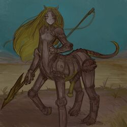 animal_genitalia_on_humanoid armor black_hair black_skin blue_sky centaur dark_skin equid_taur futa_only futanari green_eyes green_hair horsecock horsecock_on_humanoid looking_at_viewer small_breasts spear syvaron tail taur