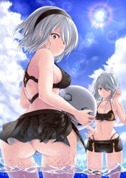 2girls absurdres adapted_costume ass ayakase_hotaru back bangs bare_arms bare_legs bare_shoulders belt bikini bikini_bottom bikini_skirt bikini_top bikini_under_clothes black_bikini black_hairband black_shorts blue_sky blush breasts cleavage closed_mouth cloud cloudy_sky commentary_request cowboy_shot day emil_(nier) eyebrows_visible_through_hair eyelashes fingernails from_behind front-tie_bikini front-tie_top groin hair_between_eyes hairband hand_in_hair hand_to_head highleg highleg_bikini highres holding legs_apart lens_flare light_rays long_hair looking_at_viewer looking_back medium_breasts midriff mole mole_under_mouth multiple_girls navel nier:_automata nier_(series) no_blindfold ocean outdoors parted_lips partially_submerged patterned_clothing pink_lips print_bikini pussy_from_behind ruffling_hair short_hair short_shorts shorts shoulder_blades silver_hair sky splashing standing string_bikini sun sunbeam sunlight swimsuit teeth thigh_gap thong twisted_torso water wet white_bikini yoko_taro yorha_2b yorha_a2