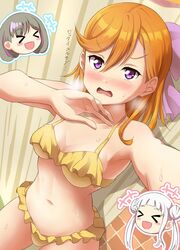 3girls arashi_chisato bikini bikini_bottom bikini_top blush breasts grey_hair long_hair love_live! love_live!_superstar!! multiple_girls orange_hair purple_eyes selfie shibuya_kanon short_hair small_breasts steam swimsuit swimwear tang_keke white_hair yellow_bikini yellow_swimsuit