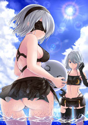 2girls absurdres adapted_costume alternate_hair_length alternate_hairstyle android ass ayakase_hotaru back bangs bare_arms bare_legs bare_shoulders belt bikini bikini_bottom bikini_skirt bikini_top bikini_under_clothes black_bikini black_gloves black_hairband black_shorts blindfold blue_sky blush breasts cleavage closed_mouth cloud cloudy_sky commentary_request cowboy_shot day elbow_gloves emil_(nier) eyebrows_visible_through_hair eyelashes fingernails from_behind front-tie_bikini front-tie_top gloves groin hair_between_eyes hairband hand_in_hair hand_to_head highleg highleg_bikini highres holding joints legs_apart lens_flare light_rays long_hair looking_at_viewer looking_back medium_breasts midriff mole mole_under_mouth multiple_girls navel nier:_automata nier_(series) ocean outdoors parted_lips partially_submerged patterned_clothing pink_lips print_bikini robot_joints ruffling_hair short_hair short_shorts shorts shoulder_blades silver_hair sky small_breasts splashing standing string_bikini sun sunbeam sunlight swimsuit teeth thighhighs thong twisted_torso water wet white_bikini yorha_2b yorha_a2