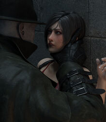 1boy 1girls 3d ada_wong ada_wong_(adriana) biting_lip black_hair blue_eyes capcom captured captured_heroine emberstock eye_contact fedora female fully_clothed gloves grey_skin hand_on_neck hat helpless hetero imminent_kiss looking_at_captor male mr_x resident_evil resident_evil_2 resident_evil_2_remake scared short_hair size_difference tyrant unseen_male_face