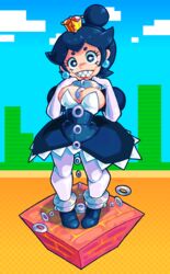 black_eyes black_hair block breasts chain_chomp chompette cleavage cute day dress elbow_gloves fangs female hair_bun hill looking_at_viewer mario_(series) new_super_mario_bros._u_deluxe nintendo sharp_teeth smiling smiling_at_viewer spudenski super_crown