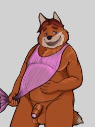 2017 anthro apron balls belly blue_eyes canid canine disney flaccid fox genitals gideon_grey humanoid_genitalia humanoid_hands humanoid_penis male mammal munchbucket naked_apron overweight overweight_male penis solo zootopia