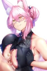 1boy animal_ear_fluff animal_ears areola_slip areolae bangs bell black_dress black_gloves blush breast_squeeze breasts center_opening china_dress chinese_clothes cum cum_on_body cum_on_breasts double_bun dress fate/grand_order fate_(series) female fox_ears fox_girl fox_tail glasses gloves grin hair_between_eyes highres jingle_bell koyanskaya_(chinese_lostbelt_outfit) koyanskaya_(fate) large_breasts long_hair looking_up outercourse paizuri penis pink_hair renkon_(s36tereste) sidelocks sleeveless sleeveless_dress smile straight tail tassel underboob yellow_eyes