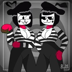 2girls :3 big_breasts black_hair bonbon_(derpixon) breasts chuchu_(derpixon) cos-18only dark_hair mime mime_and_dash mime_girl multiple_girls ratnhiss99