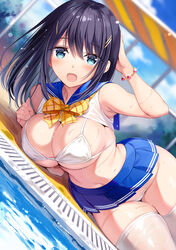 arm_band armpits bikini bikini_bottom bikini_top blush breasts clothing elbow female female_only high_resolution large_breasts laying_on_side long_hair microskirt navel original original_character oryou outdoors outside pool purple_eyes purple_hair school_uniform schoolgirl skirt thick_thighs thigh_gap thighhighs thighs wet wet_clothes