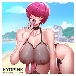 1girls areolae ass beach bending_over black_choker black_g-string black_garter_straps black_lingerie black_stockings bob_cut choker eyeless g-string garter_straps hair_over_eyes hanging_breasts huge_breasts king_of_fighters kyopink licking_finger lingerie long_hair neckband nipples obscured_eyes outdoors pink_hair purple_nails see-through see-through_bra shermie_(kof) snk solo solo_female stockings tagme tongue_out