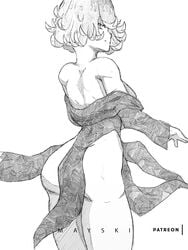 1girls ass ass_focus back backboob big_ass big_butt female female_only greyscale looking_at_viewer looking_back mayskiart monochrome one-punch_man short_hair tagme tatsumaki thick thick_ass undressing