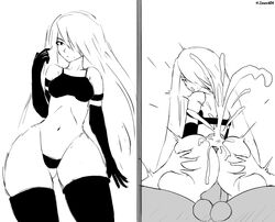 1boy 1girls arm_stockings ass big_ass black_and_white buttjob covered_buttjob cum cumshot dat_ass grabbing grabbing_ass hands_on_ass hotdogging hotdogging_ass huge_ass mole multiple_images nier:_automata stockings tagme thick_thighs thighhighs yorha_a2 zonen404