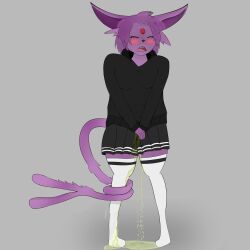 anthro bodily_fluids bottomwear chippieholo clothing eeveelution espeon female fur genital_fluids hi_res holding_crotch hoodie legwear nintendo omorashi peeing pokémon_(species) pokemon pokemon_(species) purple_body purple_fur skirt solo standing tail_around_leg thigh_highs topwear urine urine_pool video_games watersports wetting