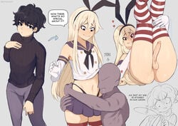 2boys ass balls bottomless clothed clothing cock-tail cosplay crossdressing dialogue duo femboy freckles fully_clothed human kantai_collection legs_up light-skinned_male light_skin male male_only ms_pigtails pale_skin partially_clothed penis presenting shimakaze_(kantai_collection)_(cosplay) skyguyart solo_focus standing text thighhighs trap