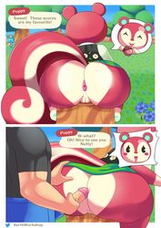 2021 absurd_res aerth animal_crossing anthro anus ass big_butt bottomless clothed clothing comic dialogue english_text faceless_character faceless_male female filbert_(animal_crossing) genitals hi_res huge_butt human human_on_anthro imminent_anal imminent_sex interspecies male male/female male_human/female_anthro mammal nintendo no_underwear penis poppy_(animal_crossing) pussy red_body red_fur rodent sciurid speech_bubble surprised text thick_thighs video_games