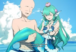 1boy 1girls 2021 absurd_res bald bare_shoulders blue_clothing breasts carrying clothed clothing cloud code_geass crown english_text eyebrows_visible_through_hair faceless_male female finana_ryugu fish_girl flower green_eyes green_hair hair_between_eyes hair_flower hair_ornament head_fins highres holding_person i'll_now_proceed_to_pleasure_myself_with_this_fish imminent_sex jewelry light-skinned_female light-skinned_male long_hair male matching_hair/eyes meme mermaid mini_crown monster_girl navel navel_cutout nijisanji nijisanji_en ocean open_mouth outdoors parody pink_flower princess_carry skirt sky small_breasts smile subtitled swim_trunks swimwear teeth text tongue topless vii7ths virtual_youtuber water wristband