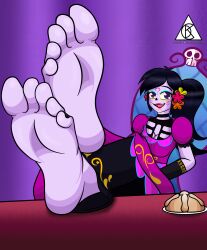 art_request barefoot bewitching_feet black_hair black_toenails bread canal_5 catalina_la_catrina chair dia_de_los_muertos dress feet feet_up female food foot_focus gloves mexican_female mouth_open sitting soles solo_female table toes