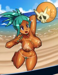 1girls beach bikini breasts cerebella chacrawarrior dark-skinned_female dark_skin female green_hair hourglass_figure large_breasts nail_polish nipples nude pubic_hair skullgirls summer tanline