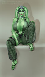 1girls brown_eyes dancer dancer_outfit fishnet_bodysuit fishnets green_skin harem_girl harem_outfit headgear huge_breasts jyuichi looking_at_viewer oola sandals slave slave_collar slave_outfit slavegirl star_wars submissive_female twi'lek voluptuous