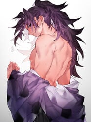 back_muscles bare_shoulders dark_hair demon_slayer facial_mark haori kimetsu_no_yaiba kimono kimono_down long_hair looking_at_viewer looking_back male male_only michikatsu_tsugikuni muscular muscular_male ponytail samurai solo sweat tebukuro216 undressing