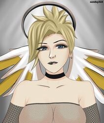 biting_lip black_lipstick blonde_hair blue_eyes choker earrings female female fishnet fishnet_gloves fishnet_shirt fishnets gloves goth gothic lips lipstick mercy nose_ring overwatch solo solo_female sunday322 tagme wings