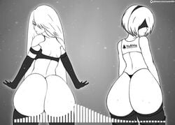 10_seconds 2girls animated big_ass bouncing_ass bubble_butt greyscale huge_ass looking_at_viewer looking_back monochrome music nier:_automata seductive shorter_than_10_seconds sound synced_to_music tagme twerking video yorha_2b yorha_a2 zonen404