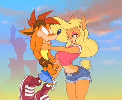 1boy 1girls anthro balls big_ass big_breasts big_butt big_penis bigger_female blonde_hair breasts canon_couple crash_(series) crash_bandicoot erection female fur furry furry_female furry_male licking licking_lips male penis pulling_pants_down sif_(artist) smaller_male source_request tail_wagging tawna_bandicoot thick_thighs wide_hips