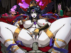 abs anal anal_sex armband big_breasts black_hair bowl_of_fruit breasts breasts_apart candle crescent crown earrings eye_contact eyeshadow female fingering fingerless_gloves gem glove goblet goddess gold gold_jewelry greek_mythology hades_(game) hair_bun hair_ornament headdress jewelry large_areolae large_breasts large_penis laying_on_back laying_on_bed legwear long_hair looking_at_viewer makeup male mascara masturbation mature_female miclogar muscular_male naughty_face navel_piercing nipple_piercing nude nude_female nyx_(hades) pale-skinned_female partial_male penetration petals pillow pomegranate pov puffy_nipples straight yellow_eyes