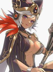 1girls belly belly_button big_breasts breasts cia_(the_legend_of_zelda) cleavage cleavage_cutout color colored dark-skinned_female dark_skin feathers female female_only gonzarez hyrule_warriors hyrule_warriors_definitive_edition jewelry looking_at_viewer makeup pink_lips pink_lipstick purple_eyes short_hair simple_background solo solo_female tagme the_legend_of_zelda white_background white_hair