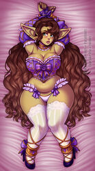 1girls aqua_eyes arms_up armwear big_ears brown_hair bustier cleavage corset cupcake992 curvaceous curvy dakimakura female female_only goblin goblin_female heels hi_res legs_together long_hair looking_at_viewer lying lying_on_back lying_on_bed panties pointy_ears slightly_chubby solo solo_female stockings thick_thighs thigh_gap viewed_from_below white_stockings wide_hips