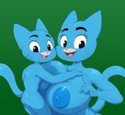 abstract_background anthro areolae big_breasts bigdon1992 breasts cartoon_network domestic_cat duo felid feline felis female gumball_watterson hi_res hug incest looking_at_viewer male male/female mammal mother mother_and_child mother_and_son nicole_watterson parent parent_and_child son the_amazing_world_of_gumball young