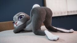 anthro ass ass_up bed bent_over disney feet female flat_chest fur furniture furry grey_body grey_fur hi_res judy_hopps lagomorph leporid looking_at_viewer lying mammal nude on_front purple_eyes rabbit s1nnerfox solo teasing white_body white_fur zootopia