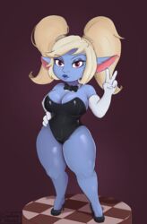 bowtie bunny_girl bunnysuit collar cranihum elbow_gloves female female_only fishnets gloves hands_on_hips high_heels latex league_of_legends lipstick looking_at_viewer pantyhose peace_sign pinup poppy posing riot_games shortstack skindentation yordle