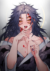 6_eyes bare_shoulders black_hair blood demon demon_boy demon_slayer facial_markings fangs finger_in_mouth hair_down haori kimetsu_no_yaiba kimono kokushibo long_hair long_hair_male male male_only michikatsu_tsugikuni multi_eye off_shoulder red_sclera sexually_suggestive sharp_fingernails solo spiky_hair tebukuro216 yellow_eyes