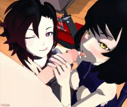 1boy 2021 2girls 3d 4k black_hair blake_belladonna bodysuit breasts breasts_out clothed_female clothed_female_nude_male female hand_around_neck hand_around_waist handjob heart_eyes holding_hands light-skinned_female light-skinned_male light_skin looking_at_partner looking_up male medium_breasts multiple_girls nude nude_male on_knees penis poster red_hair rooster_teeth ruby_rose rwby scathachalter sfm silver_eyes smiling source_filmmaker tongue tongue_out watermark yellow_eyes