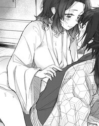 1boy 1girls blush demon_slayer female female_on_top hair_down kimetsu_no_yaiba kimono kochou_shinobu kyarotto_(zenkixd) looking_at_another male monochrome straight sweat tomioka_giyuu