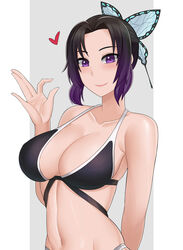 alluring alternate_costume aori_sora big_breasts bikini black_bikini black_hair butterfly_hair_ornament cleavage demon_slayer female female_only kimetsu_no_yaiba kochou_shinobu looking_at_viewer purple_eyes smile solo swimsuit two_tone_hair