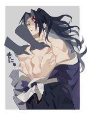 bare_shoulders black_hair breast_grab demon_slayer disembodied_hands facial_mark hakama haori japanese_clothes kimetsu_no_yaiba kimono kimono_down kiwo20000 long_hair male male_only michikatsu_tsugikuni pec_grab ponytail