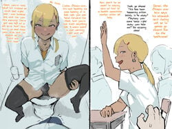 2boys androgynous bathroom beauty_mark before_sex blonde_hair dark-skinned_femboy dark-skinned_male dark_skin dialogue earrings english_text erection_under_clothes femboy gay gomabura licking_lips looking_at_viewer male_only multiple_boys original ponytail school_uniform stockings teasing text toilet trap yaoi