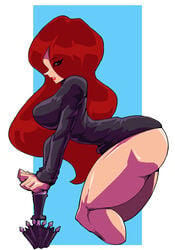 1girls ass female female_only fit fit_female hair_covering_eye muscular_ass muscular_legs parasoul red_hair skullgirls solo_female theoverloader thick_thighs