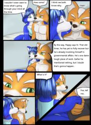 anthro blue_body blue_fur blue_hair canid canine canon_couple comic english_text female fox fox_mccloud fur future hair hi_res krystal male male/female mammal moltsi nintendo star_fox text video_games white_body white_fur