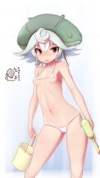 1girls actinium89 bikini blush female female_only hat headgear looking_at_viewer made_in_abyss micro_bikini prushka red_eyes short_hair small_breasts solo swimsuit white_bikini white_hair wide_hips