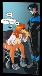 1boy 1girls barbara_gordon batman_(series) big_breasts black_hair blowjob boob_window brown_pants canon_couple cleavage clothed_male clothed_male_clothed_female clothed_sex cripple dark_lipstick dc dc_comics dialogue dialogue_bubble dick_grayson fellatio glasses hand_on_penis male nightwing open_shirt oracle oral red_hair sex smiling speech_bubble thesquiddycipher wheelchair word_balloon