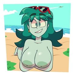 beach big_breasts breasts completely_nude completely_nude_female female green_body green_hair nipples nude planetina rick_and_morty solo sunglasses sunglasses_on_head sweet_dandy