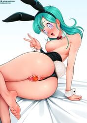 1girls anal animal_ears anus ass blush breasts bulma bulma_briefs bunny_ears bunny_girl bunny_tail bunnysuit clitoris dragon_ball dragon_ball_(object) feet heart-shaped_pupils neocoill nipples no_bra nopan object_in_ass object_in_pussy on_bed open_mouth pussy pussy_juice tail teal_hair teenage_bulma teenage_girl teenager tongue uncensored unusual_insertion unusual_object_insertion unusual_penetration unusual_sex_toy victory_sign