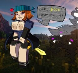 1girls areolae bandana big_breasts exposed_breasts exposed_nipples female fingerless_glove heart looking_at_viewer minecraft minecraft:_story_mode orange_hair petra_(mcsm) purple_eyes sword unknown_artist wither_storm