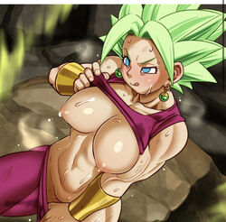 1girls abs big_breasts blush breasts dragon_ball dragon_ball_z female flashing fusisya-o green_hair kefla lactating lactation milk potara_earrings shounen_jump solo solo_female sweat tongue tongue_out