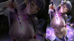 breasts genshin_impact long_hair navel nipples no_bra nopan purple_eyes purple_hair pussy raiden_shogun source_request sword thighhighs uncensored weapon zoom_layer zumi zumi_(zumidraws)