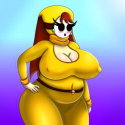 belt big_breasts blush brown_hair busty chubby cleavage emily_(mobiustheice) green_earrings large_breasts mario_(series) milf mobiustheice nintendo nipple_bulge original original_character plump shy_gal tagme thick thick_thighs yellow_clothing yellow_hoodie