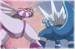 2021 2girls beautyfromabove blue_body cloaca dialga duo female feral furry game_freak hi_res highres looking_at_viewer looking_back nintendo palkia pokemon pokemon_dppt presenting red_eyes video_games